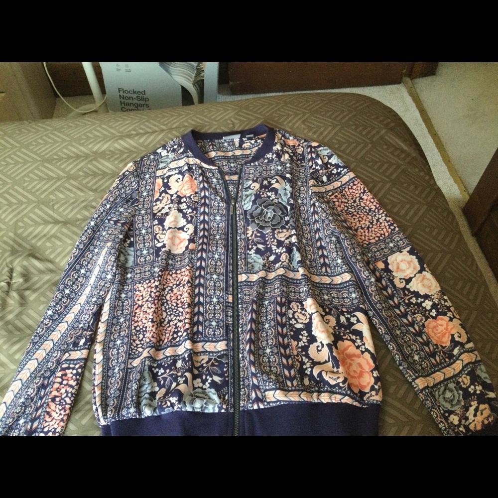 NY&Co Blue and Pink Floral Zippered Bomber Jacket